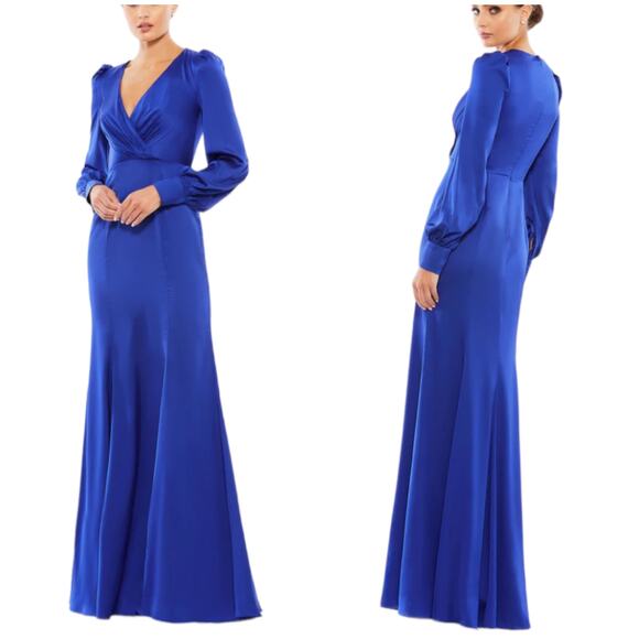 Mac Duggal Dresses & Skirts - Mac Duggal NWT Satin Ruched Bishop Sleeve Gown Royal Blue Size 8 V-neck